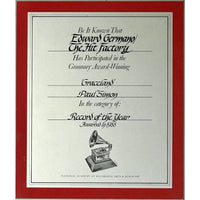 Paul Simon Graceland RIAA 3x Multi-Platinum Album Award + Grammy Win Certificate - Record Award