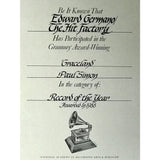 Paul Simon Graceland RIAA 3x Multi-Platinum Album Award + Grammy Win Certificate - Record Award