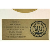 Robert John ’The Lion Sleeps Tonight’ RIAA Gold Single 45 Award - RARE - Record Award