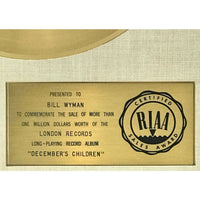 Rolling Stones December’s Children RIAA Gold Album Award presented to Bill Wyman - RARE - Record Award