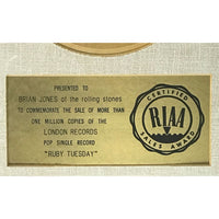 Rolling Stones ’Ruby Tuesday’ White Matte RIAA Gold 45 Award presented to Brian Jones - RARE - Record Award