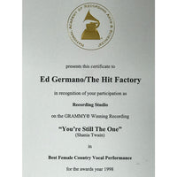 Shania Twain Come On Over RIAA 8x Multi-Platinum Album Award + Grammy Win Certificate - Record Award