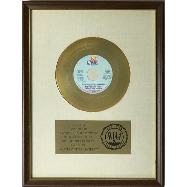 The DeFranco Family Heartbeat - It’s A Love Beat RIAA Gold 45 Award - RARE - Record Award