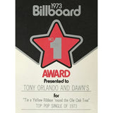 Tony Orlando & Dawn ’Tie A Yellow Ribbon...’ 1973 Billboard Top Pop Single Award - Music Memorabilia
