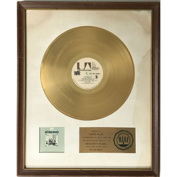 War All Day Music RIAA Gold LP Award presented to group member - RARE - Record Award