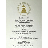 Whitney Houston ’I Will Always Love You’ 1993 Grammy Win Studio Plaque - RARE - Record Award