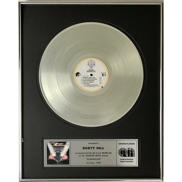 ZZ Top Eliminator 1983 CRIA Platinum Album Award presented to Dusty Hill - RARE - Record Award
