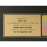 ZZ Top Greatest Hits RIAA Gold Album Award presented to Dusty Hill - RARE - Record Award