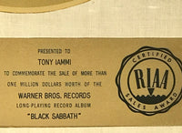 Black Sabbath debut White Matte RIAA Gold LP Award presented to and signed by Tony Iommi - RARE