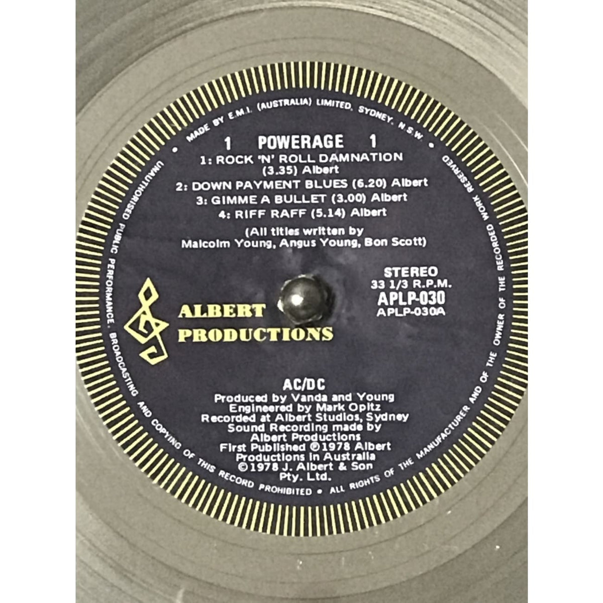 AC/DC Powerage 1979 Australian Label Platinum Award to AC/DC - RARE ...