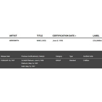 Aerosmith Nine Lives RIAA 2x Multi-Platinum Album Award