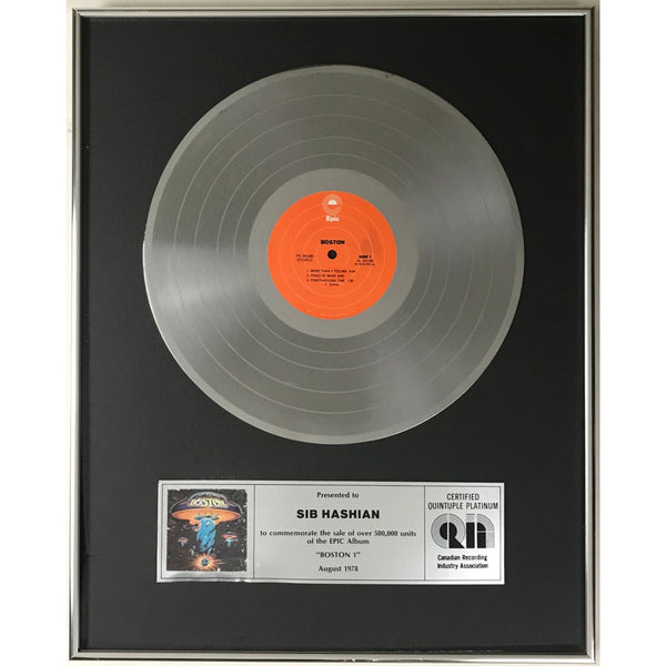 Boston debut CRIA 5x Platinum Album Award presented to Sib Hashian - RARE - Record Award