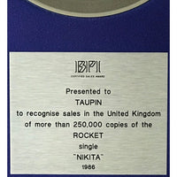 Elton John “Nikita” 1986 BPI Platinum LP Award to Bernie Taupin - RARE - Record Award