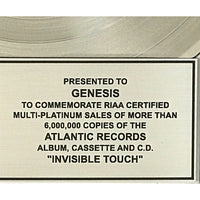 Genesis Invisible Touch RIAA 6x Multi-Platinum Album Award presented to/signed by Genesis