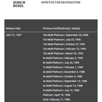 Guns N’ Roses Appetite For Destruction RIAA 10x Multi-Platinum LP Award - Record Award