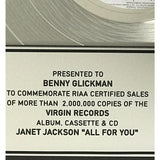 Janet Jackson All For You RIAA 2x Multi-Platinum Album Award - Record Award