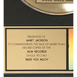 Janet Jackson Miss You Much RIAA Gold Single Award presented to Janet Jackson - RARE - Record Award