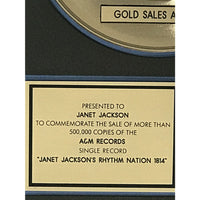 Janet Jackson Rhythm Nation RIAA Gold Single Award presented to Janet Jackson - RARE - Record Award