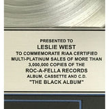 Jay-Z The Black Album RIAA 3x Multi-Platinum Album Award presented to Leslie West of Mountain- RARE - Record Award