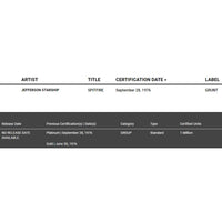 Jefferson Starship Spitfire RIAA Platinum LP Award - Record Award