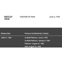 Mötley Crüe Theatre Of Pain RIAA Platinum Album Award - Record Award