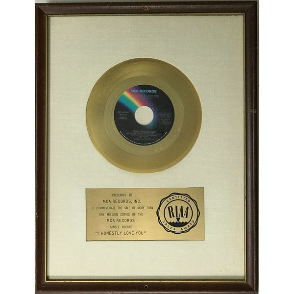 Olivia Newton-John I Honestly Love You White Matte RIAA Gold 45 Award - RARE - Record Award