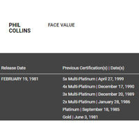 Phil Collins Face Value RIAA Gold LP Award