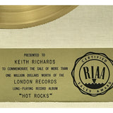 Rolling Stones Hot Rocks White Matte RIAA Gold Album Award presented to Keith Richards - RARE - Record Award
