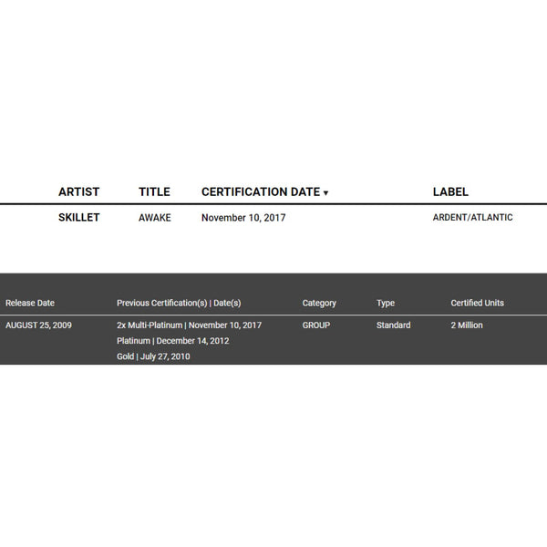  Skillet Awake RIAA Gold Album Award –