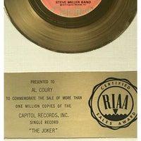 Steve Miller Band The Joker White Matte RIAA Gold 45 Award - RARE