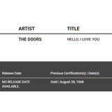 The Doors Hello I Love You RIAA Gold 45 Award Presented to The Doors - RARE - Record Award