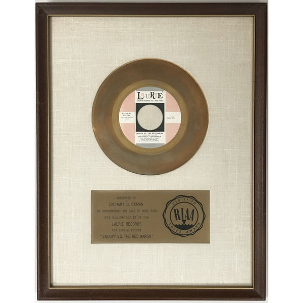 The Royal Guardsmen Snoopy Vs. The Red Baron White Matte RIAA Gold 45 Award - RARE - Record Award