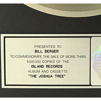 U2 The Joshua Tree RIAA 5x Multi-Platinum Album Award - Record Award