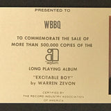 Warren Zevon Excitable Boy Asylum Records label award - Record Award